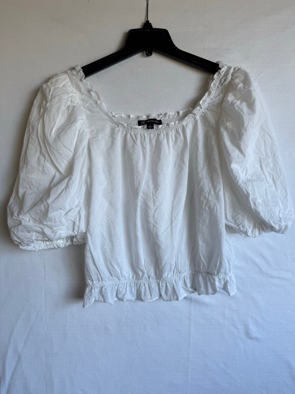 INC International Concepts white ruffle balloon-sleeve top.